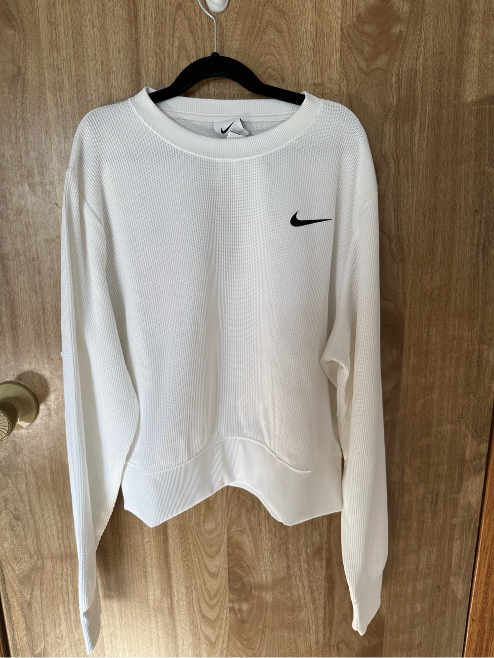 Nike White Crewneck-Knit Sweatshirt with Black Swoosh